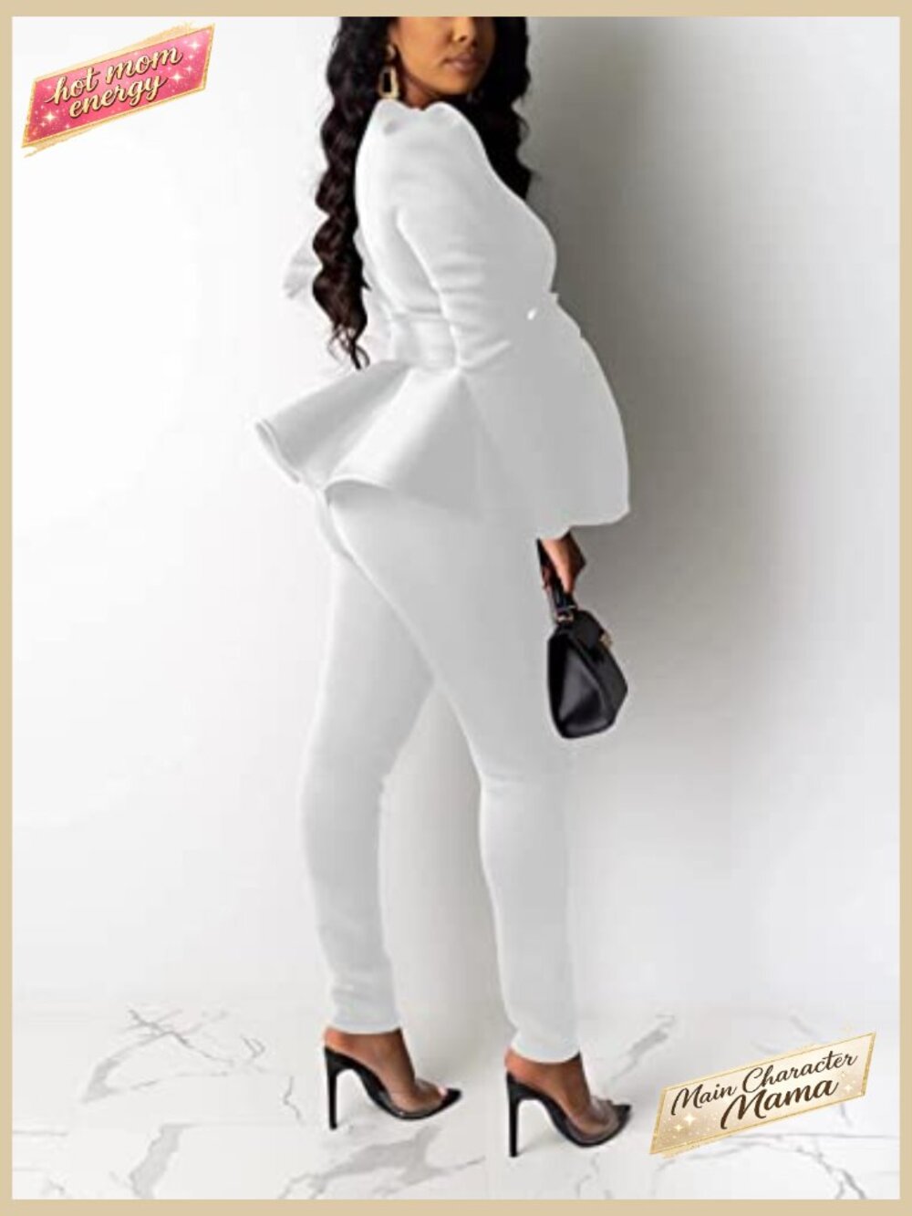 2 Piece Blazer with Pants Deep V Long Sleeve Slim Fit Ruffle Hem Business Suit - Picture 2 of 7